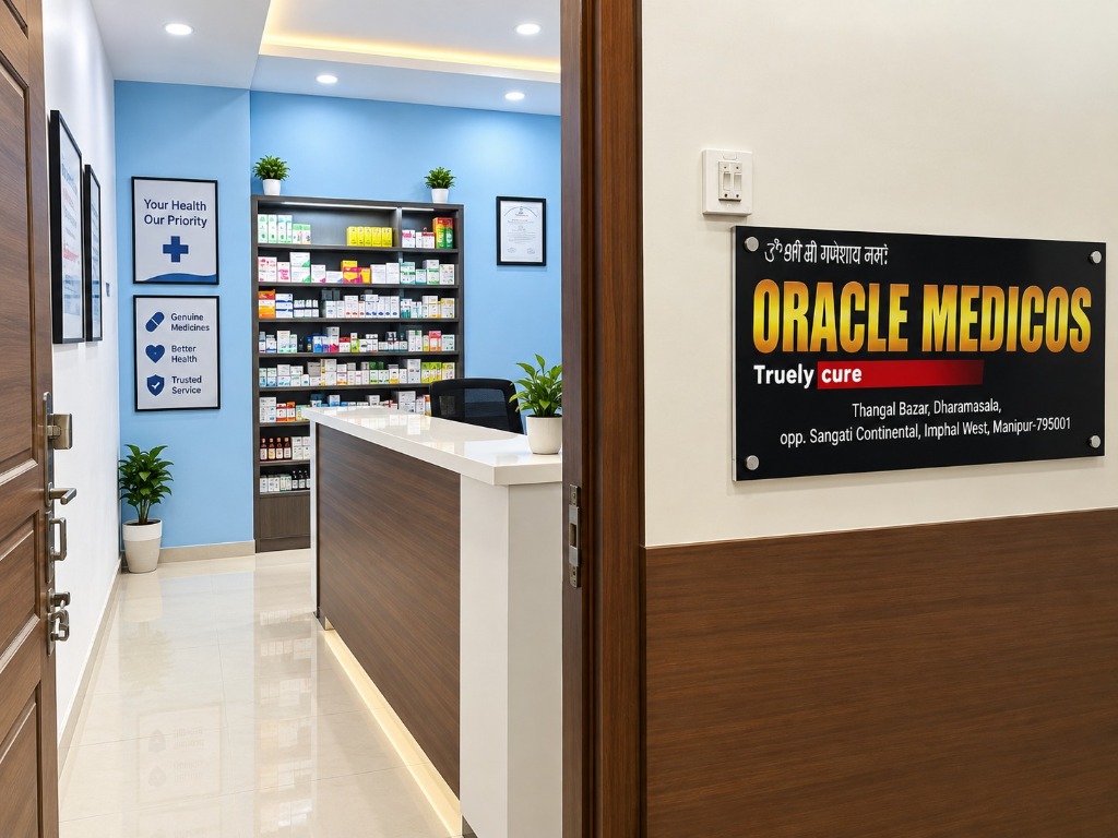 Oracle Medicos branded store interior with pharmaceutical shelves in Imphal, Manipur